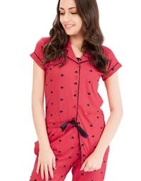 Lotik Women's Cotton Pink & Rani  Heart Print Front-Open Nightsuit Set - S, Pink, Cotton, Multipack of1